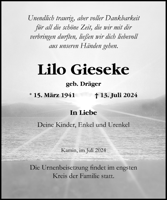 Traueranzeige von Lilo Gieseke von Ostsee-Zeitung GmbH