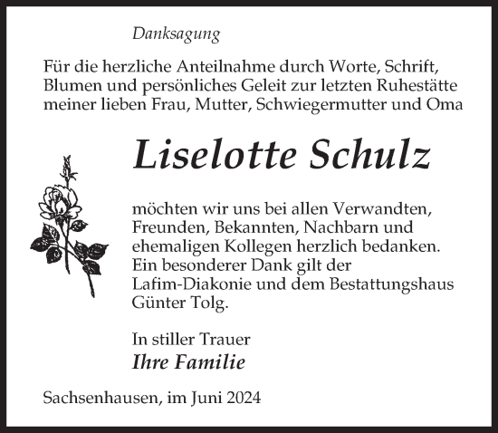 Traueranzeige von Liselotte Schulz von Märkischen Allgemeine Zeitung