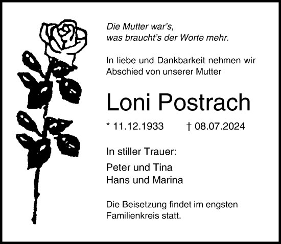 Traueranzeige von Loni Postrach von Ostsee-Zeitung GmbH