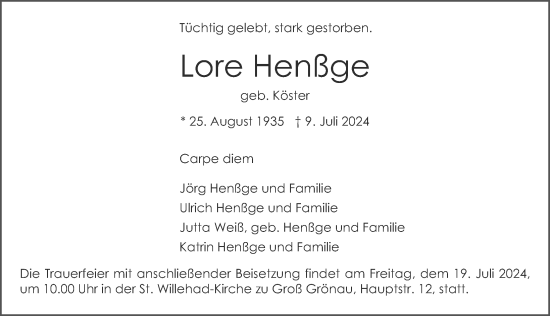 Traueranzeige von Lore Henßge von Lübecker Nachrichten