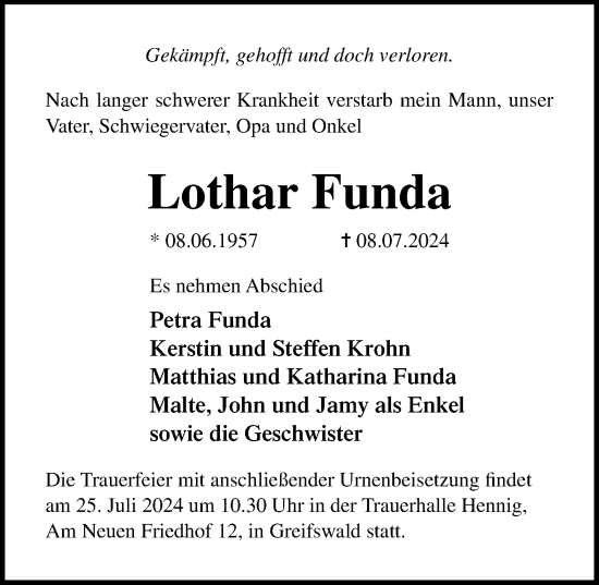 Traueranzeige von Lothar Funda von Ostsee-Zeitung GmbH