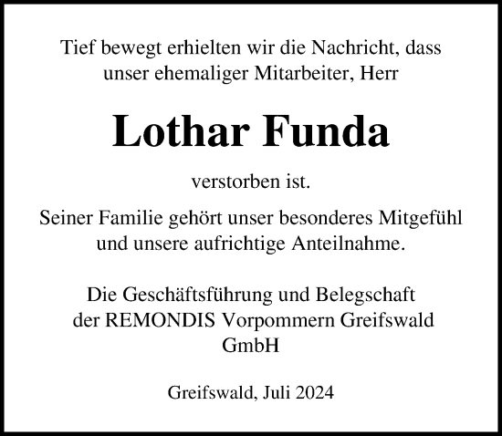 Traueranzeige von Lothar Funda von Ostsee-Zeitung GmbH