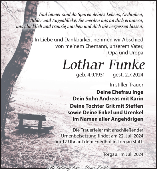 Traueranzeige von Lothar Funke von Torgauer Zeitung