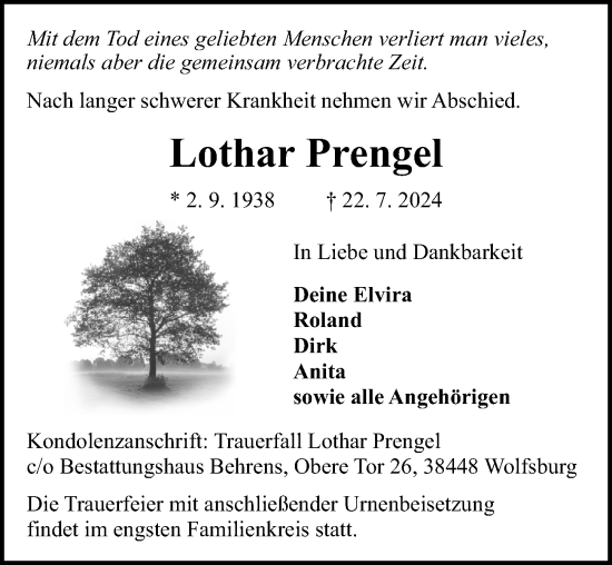 Traueranzeige von Lothar Prengel von Aller Zeitung