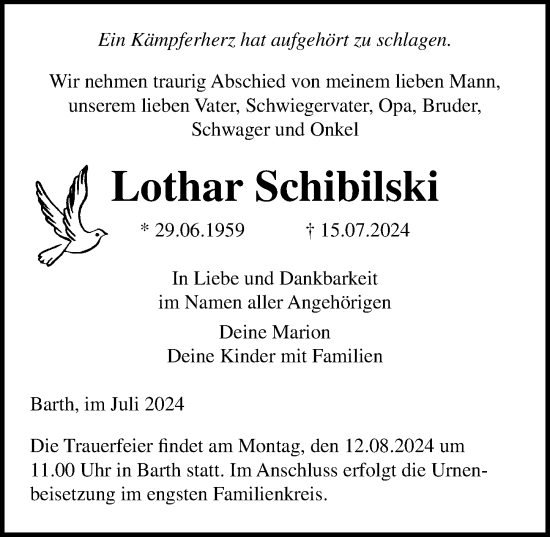 Traueranzeige von Lothar Schibilski von Ostsee-Zeitung GmbH