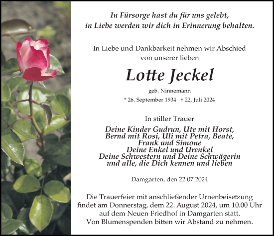 Traueranzeige von Lotte Jeckel von Ostsee-Zeitung GmbH