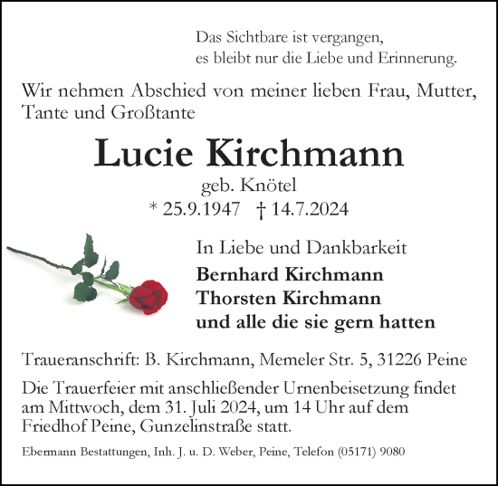 Traueranzeige von Lucie Kirchmann von Peiner Allgemeine Zeitung