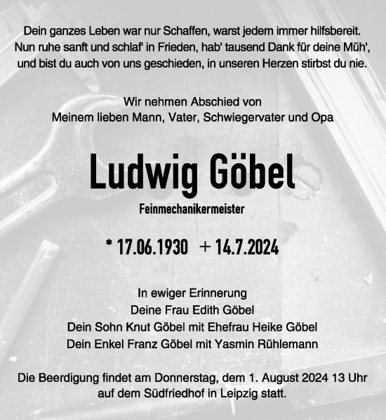 Traueranzeige von Ludwig Göbel von Leipziger Volkszeitung