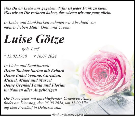 Traueranzeige von Luise Götze von Leipziger Volkszeitung