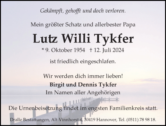 Traueranzeige von Lutz Willi Tykfer von Hannoversche Allgemeine Zeitung/Neue Presse