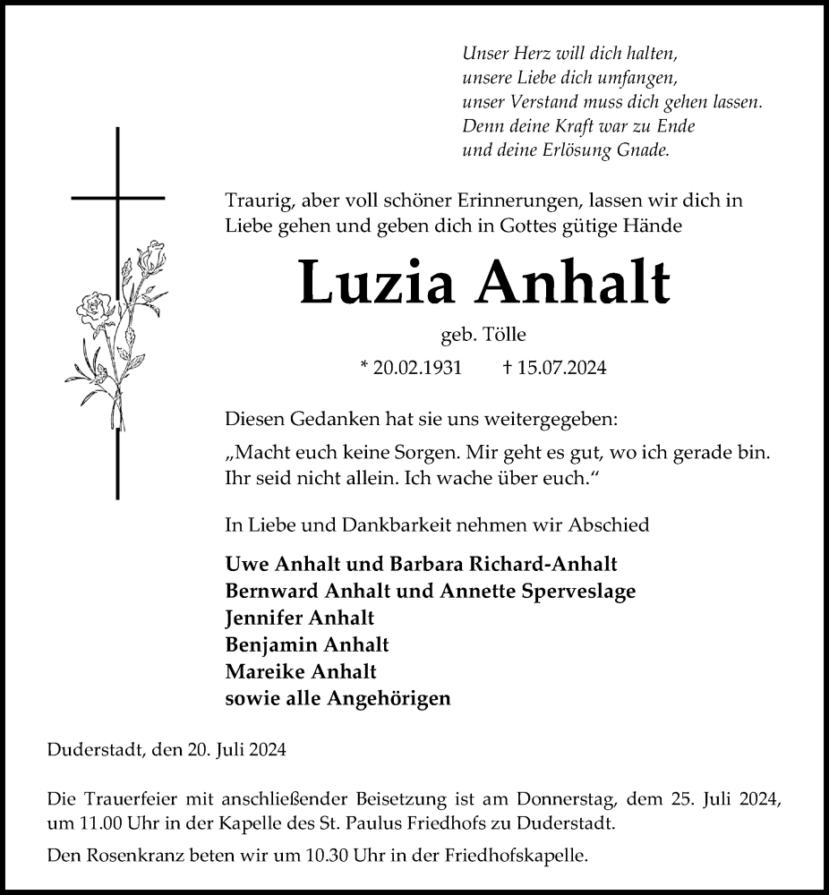  Traueranzeige für Luzia Anhalt vom 20.07.2024 aus Eichsfelder Tageblatt