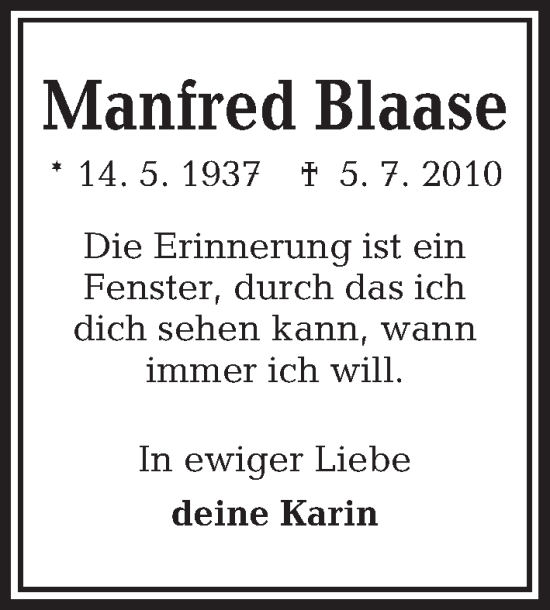 Traueranzeige von Manfred Blaase von Kieler Nachrichten