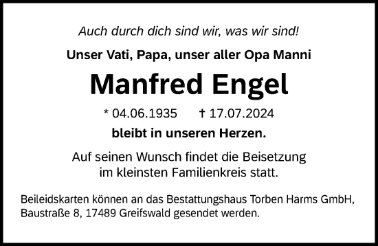 Traueranzeige von Manfred Engel von Ostsee-Zeitung GmbH