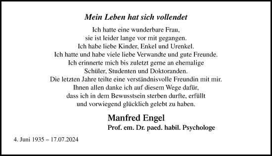 Traueranzeige von Manfred Engel von Ostsee-Zeitung GmbH
