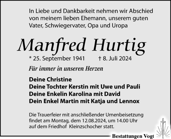 Traueranzeige von Manfred Hurtig von Leipziger Volkszeitung