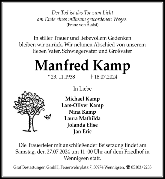 Traueranzeige von Manfred Kamp von Hannoversche Allgemeine Zeitung/Neue Presse