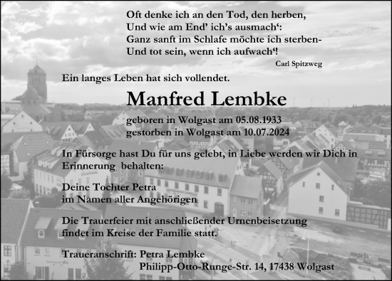 Traueranzeige von Manfred Lembke von Ostsee-Zeitung GmbH