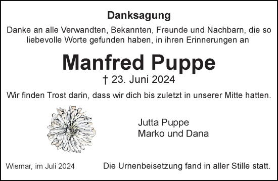 Traueranzeige von Manfred Puppe von Ostsee-Zeitung GmbH