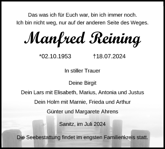 Traueranzeige von Manfred Reining von Ostsee-Zeitung GmbH