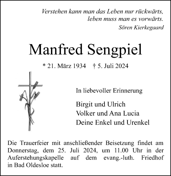 Traueranzeige von Manfred Sengpiel von Lübecker Nachrichten