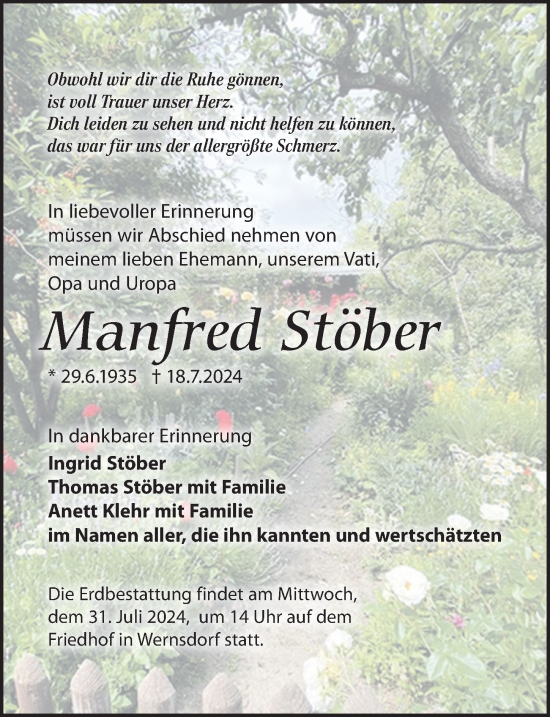 Traueranzeige von Manfred Stöber von Märkischen Allgemeine Zeitung