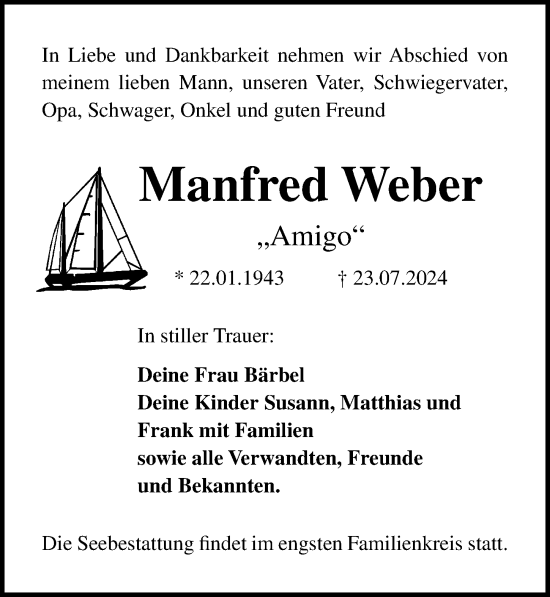 Traueranzeige von Manfred Weber von Ostsee-Zeitung GmbH