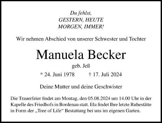 Traueranzeige von Manuela Becker von Ostsee-Zeitung GmbH