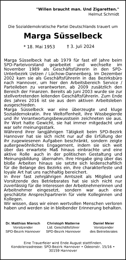 Traueranzeige von Marga Süsselbeck von Hannoversche Allgemeine Zeitung/Neue Presse