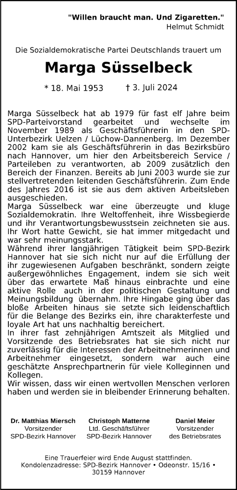  Traueranzeige für Marga Süsselbeck vom 06.07.2024 aus Hannoversche Allgemeine Zeitung/Neue Presse