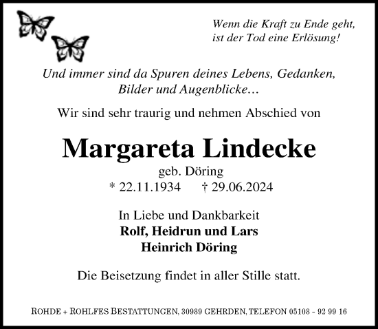 Traueranzeige von Margareta Lindecke von Hannoversche Allgemeine Zeitung/Neue Presse