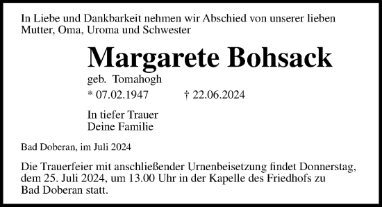 Traueranzeige von Margarete Bohsack von Ostsee-Zeitung GmbH