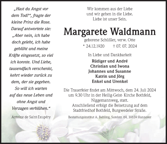 Traueranzeige von Margarete Waldmann von Hannoversche Allgemeine Zeitung/Neue Presse