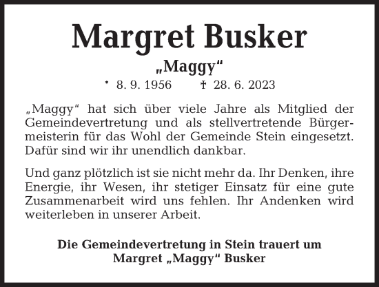 Traueranzeige von Margret Busker von Kieler Nachrichten