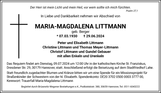 Traueranzeige von Maria-Magdalena Littmann von Hannoversche Allgemeine Zeitung/Neue Presse