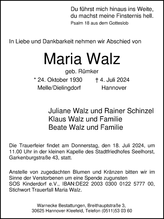 Traueranzeige von Maria Walz von Hannoversche Allgemeine Zeitung/Neue Presse
