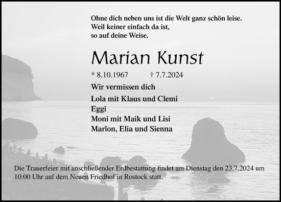 Traueranzeige von Marian Kunst von Ostsee-Zeitung GmbH