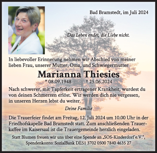 Traueranzeige von Marianna Thiesies von Kieler Nachrichten