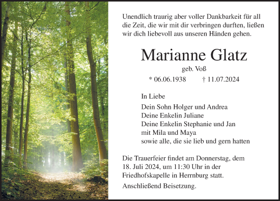Traueranzeige von Marianne Glatz von Ostsee-Zeitung GmbH