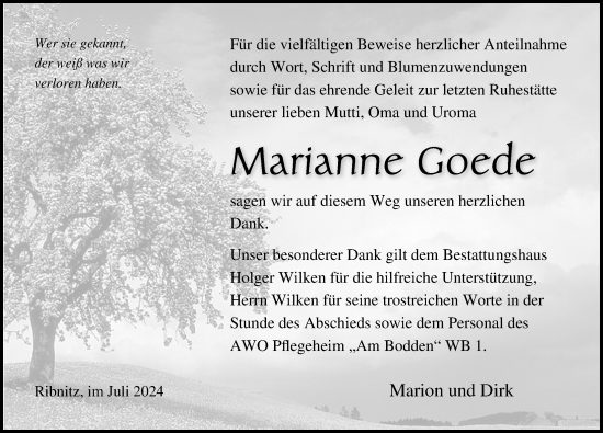 Traueranzeige von Marianne Goede von Ostsee-Zeitung GmbH