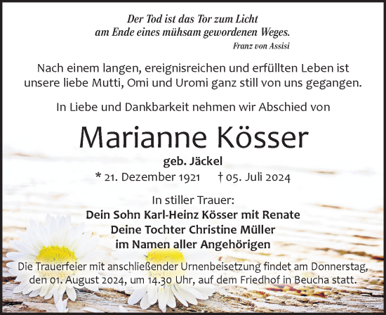 Traueranzeige von Marianne Kösser von Leipziger Volkszeitung