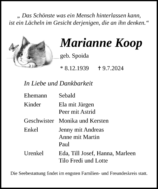 Traueranzeige von Marianne Koop von Ostsee-Zeitung GmbH