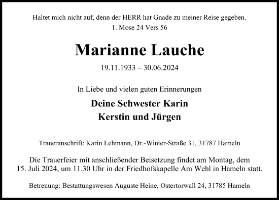 Traueranzeige von Marianne Lauche von Hannoversche Allgemeine Zeitung/Neue Presse