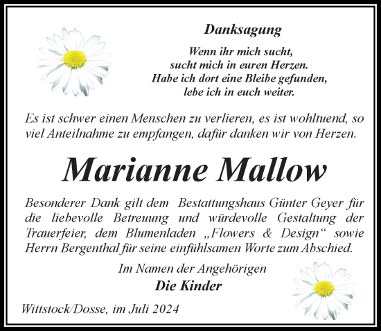 Traueranzeige von Marianne Mallow von Wochenspiegel