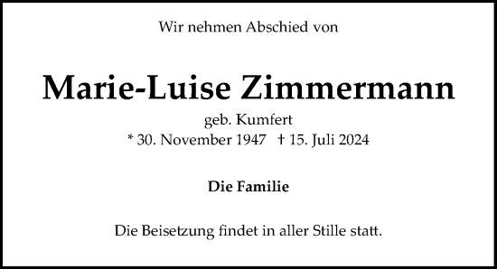 Traueranzeige von Marie-Luise Zimmermann von Hannoversche Allgemeine Zeitung/Neue Presse