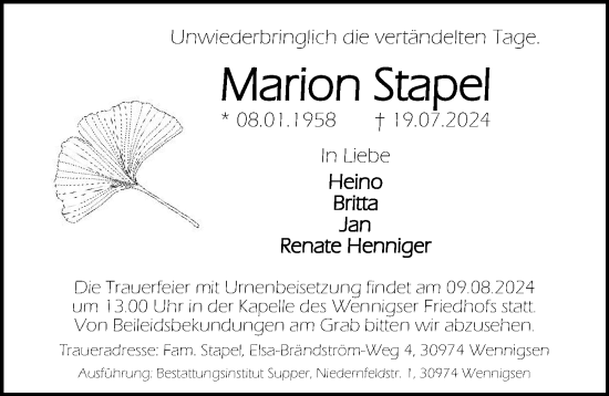 Traueranzeige von Marion Stapel von Hannoversche Allgemeine Zeitung/Neue Presse