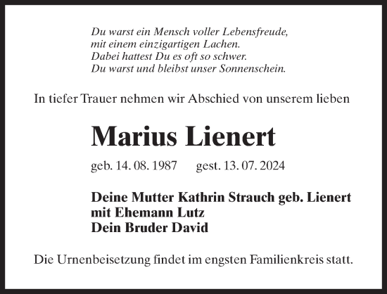Traueranzeige von Marius Lienert von Märkischen Allgemeine Zeitung
