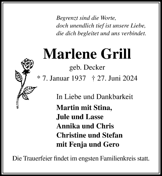 Traueranzeige von Marlene Grill von Lübecker Nachrichten