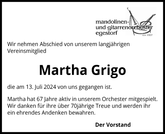 Traueranzeige von Martha Grigo von Hannoversche Allgemeine Zeitung/Neue Presse