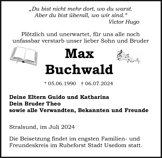 Traueranzeige von Max Buchwald von Ostsee-Zeitung GmbH