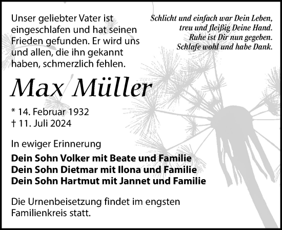 Traueranzeige von Max Müller von Leipziger Volkszeitung